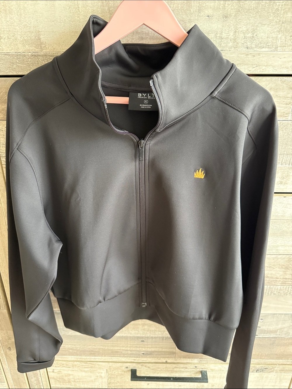BYLT Black Zip-Up Bomber Jacket with Gold crown Logo
